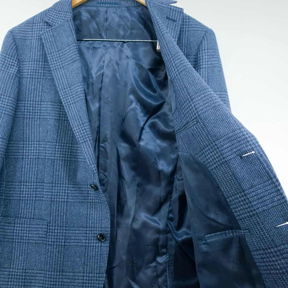 Charles Tyrwhitt Mens Sport Coat Wool Silk Glen Check Blue 44R Slim Fit Blazer